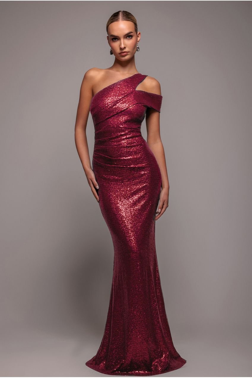 Goddiva One Shoulder Sequin Evening Maxi – Wine
