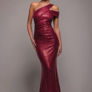 Goddiva One Shoulder Sequin Evening Maxi - Wine