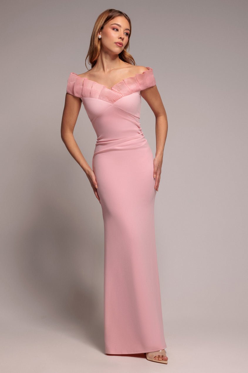 Goddiva Fan Pleated Bardot Scuba Crepe Maxi Dress – Blush Pink