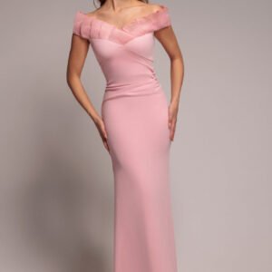 Goddiva Fan Pleated Bardot Scuba Crepe Maxi Dress - Blush Pink