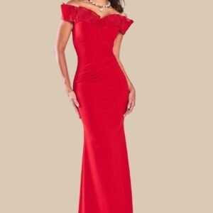 Goddiva Fan Pleated Bardot Scuba Crepe Maxi - Red