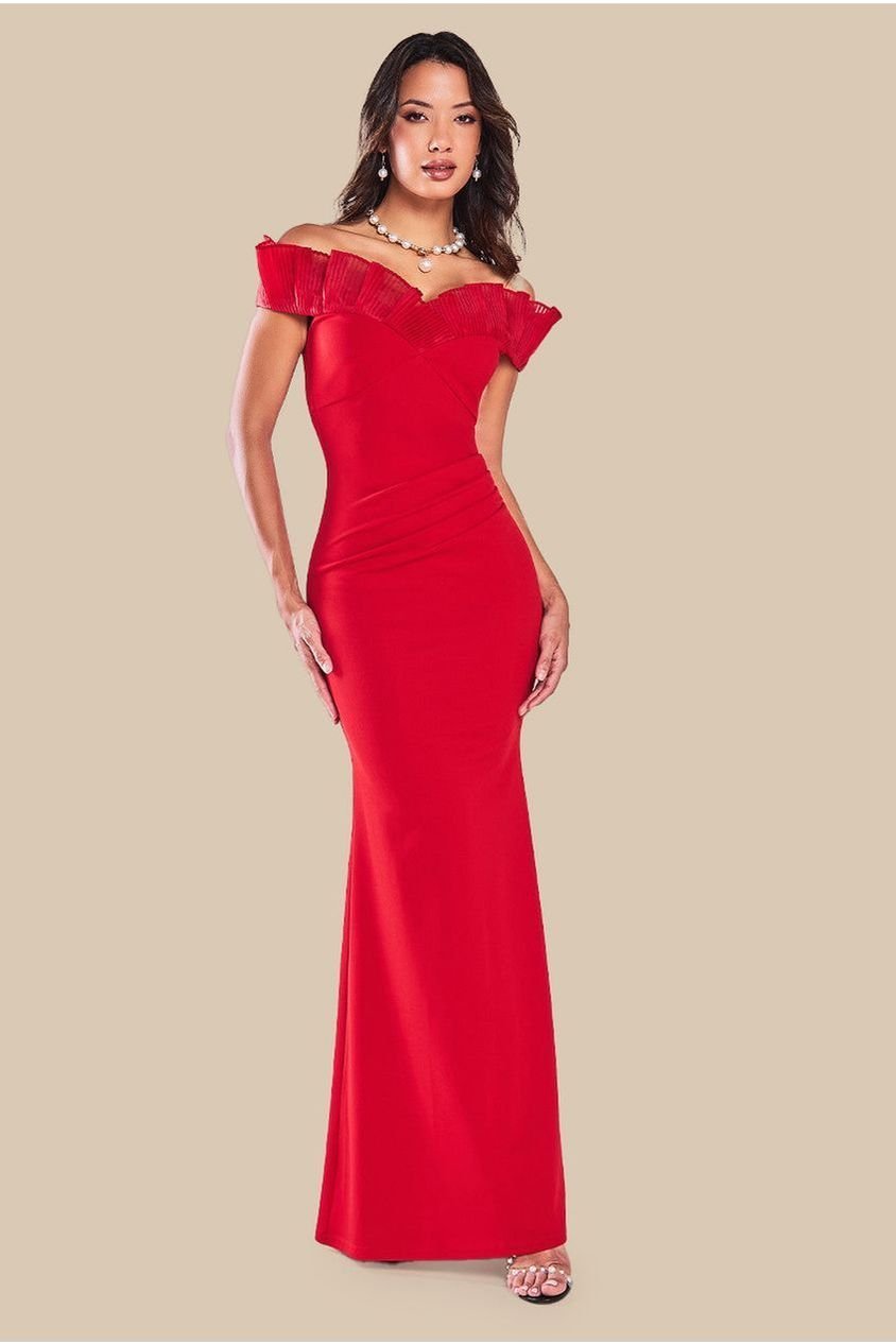Goddiva Fan Pleated Bardot Scuba Crepe Maxi – Red