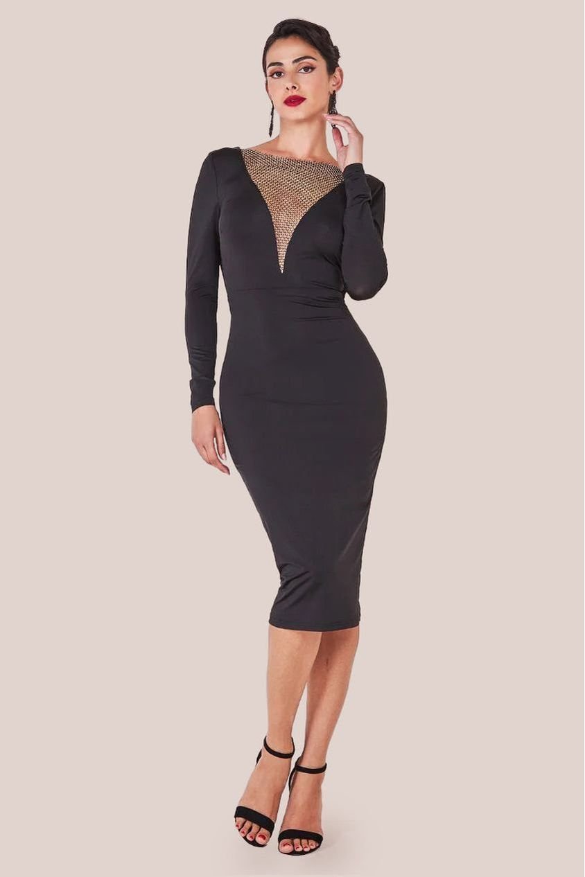 Goddiva Diamante Fishnet Cowl Back Midi – Black