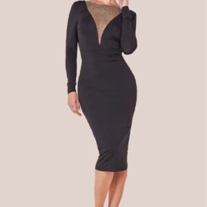 Goddiva Diamante Fishnet Cowl Back Midi - Black