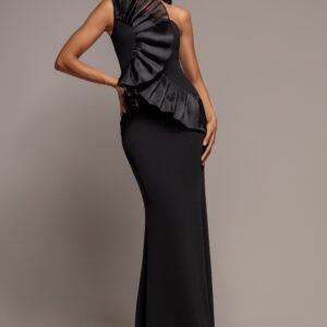 Goddiva One Shoulder Pleated Fan Maxi Dress - Black