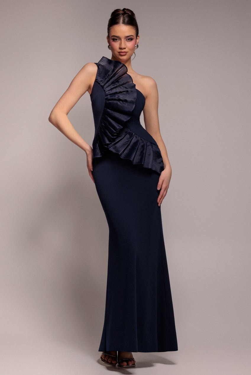 Goddiva One Shoulder Pleated Fan Maxi Dress – Navy Blue