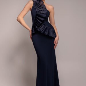 Goddiva One Shoulder Pleated Fan Maxi Dress - Navy Blue