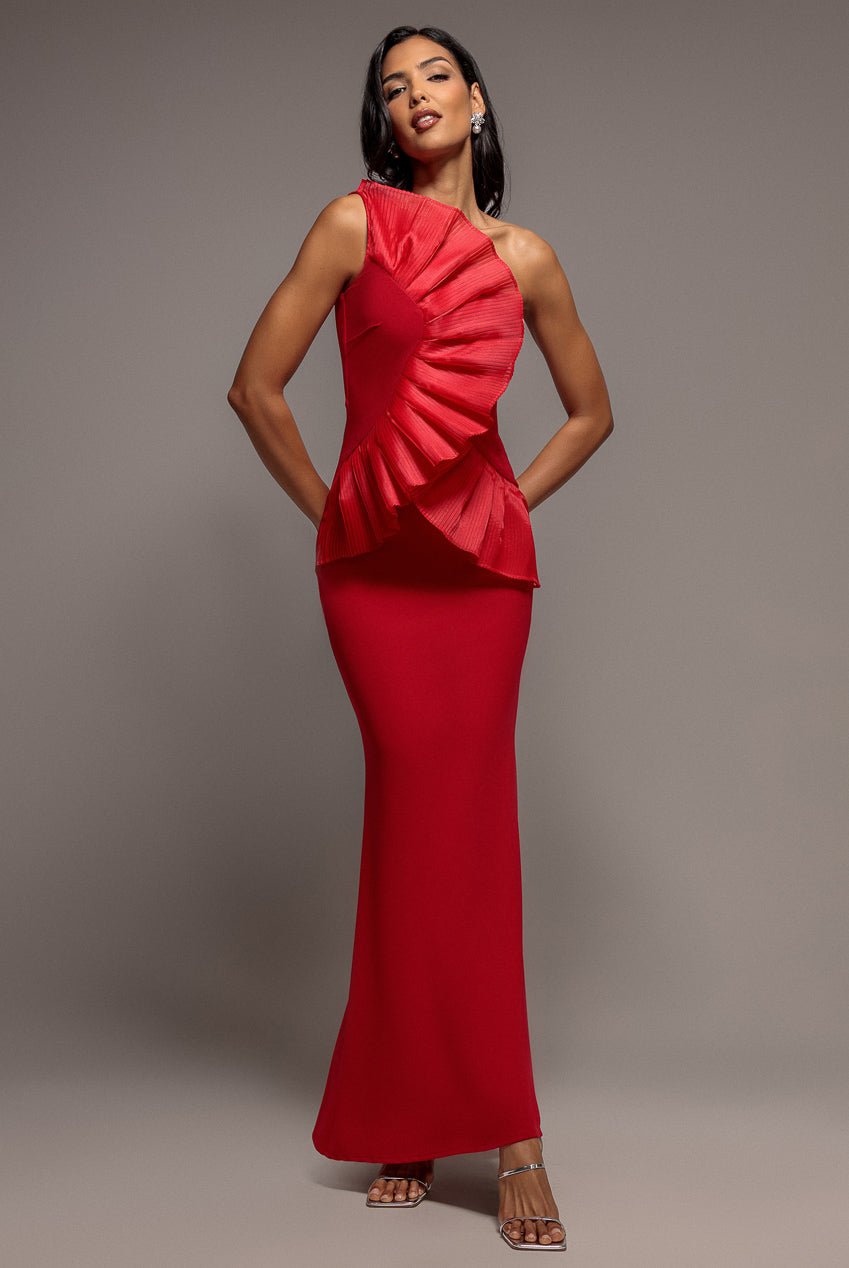 Goddiva One Shoulder Pleated Fan Maxi Dress – Red