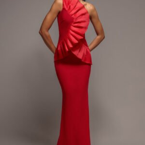 Goddiva One Shoulder Pleated Fan Maxi Dress - Red