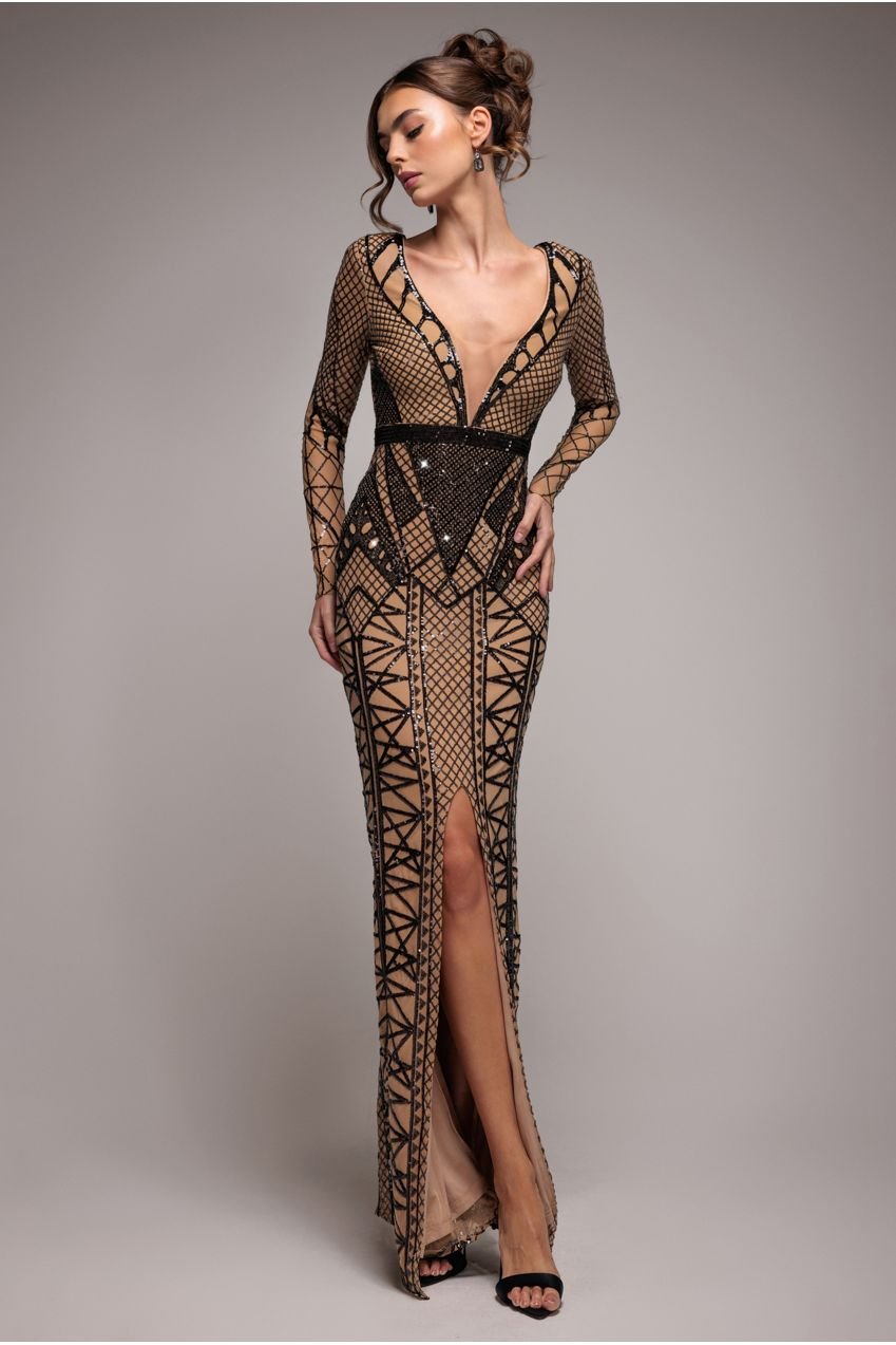 Goddiva Geometric Sequin Plunge Maxi – Black