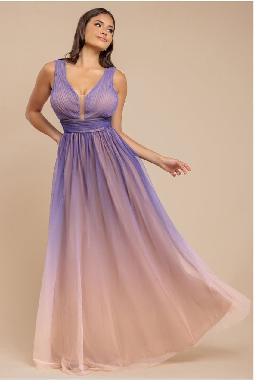 Goddiva Sleeveless Ombre Pleated A-Line Maxi Dress – Lilac Ombre