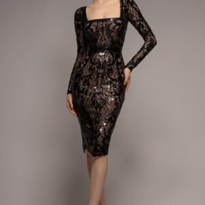 Goddiva Sequin Square Neck Bodycon Midi Dress With Scalloped Hem - Black
