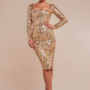 Goddiva Sequin Square Neck Bodycon Midi Dress With Scalloped Hem - Gold