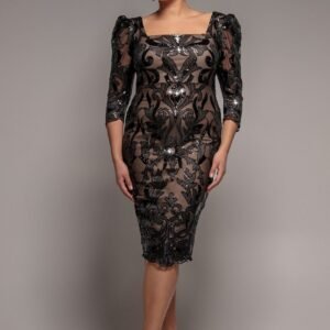 Goddiva Plus Square Neck Scalloped Embroidered Sequin Midi Dress - Black