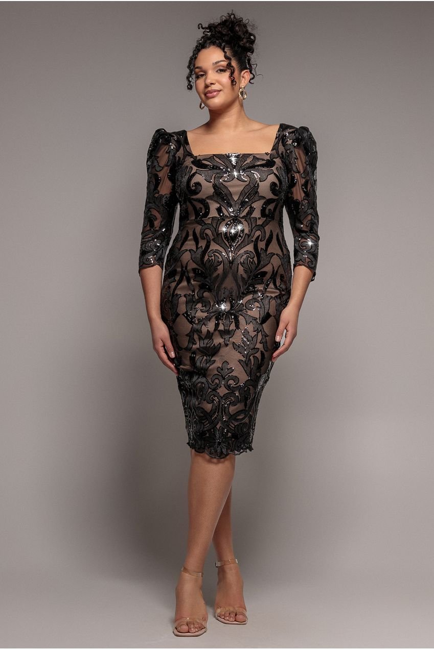 Goddiva Plus Square Neck Scalloped Embroidered Sequin Midi Dress – Black