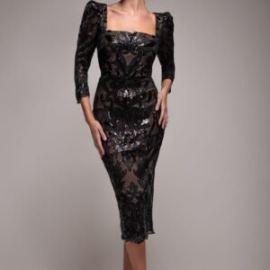 Goddiva Square Neck Scalloped Embroidered Sequin Midi Dress - Black