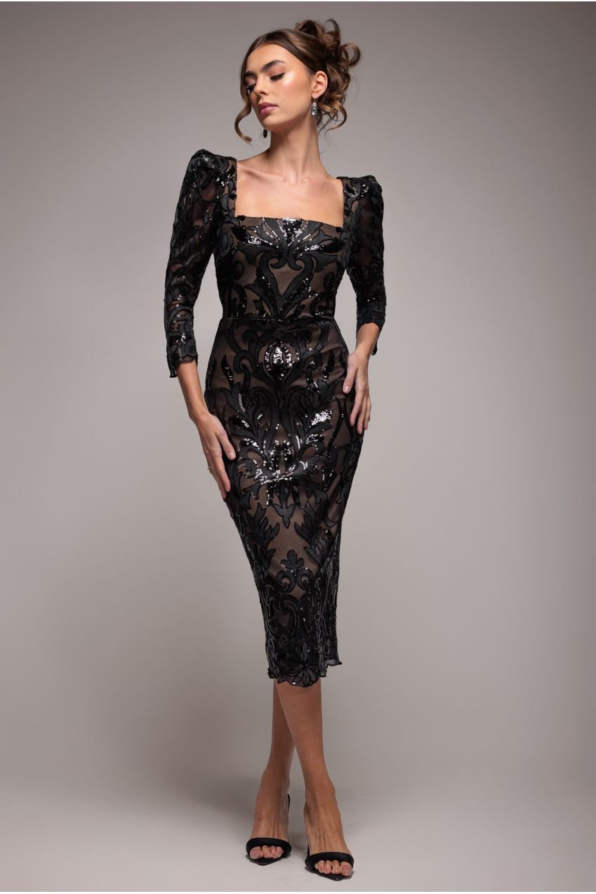 Goddiva Square Neck Scalloped Embroidered Sequin Midi Dress – Black