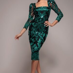 Goddiva Square Neck Scalloped Embroidered Sequin Midi Dress - Emerald Green