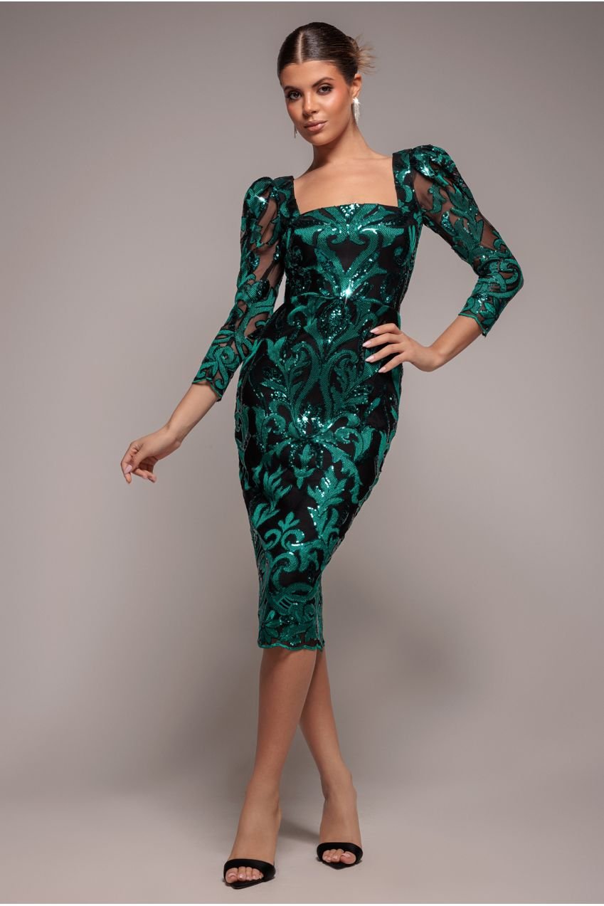 Goddiva Square Neck Scalloped Embroidered Sequin Midi Dress – Emerald Green