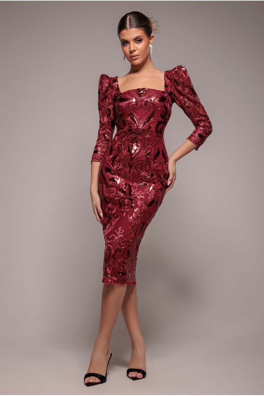Goddiva Square Neck Scalloped Embroidered Sequin Midi Dress – Wine