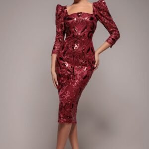 Goddiva Square Neck Scalloped Embroidered Sequin Midi Dress - Wine