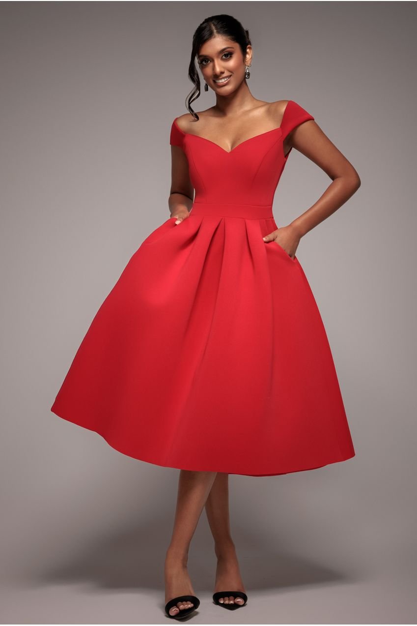 Goddiva Scuba Foam Skater Midi Dress – Red
