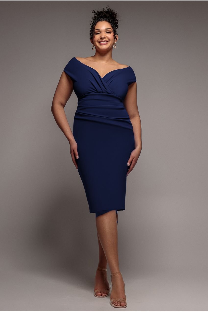 Goddiva Plus Scuba Bardot Pleated Midi Dress – Navy