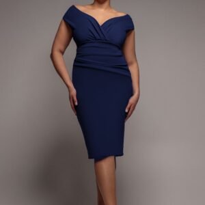 Goddiva Plus Scuba Bardot Pleated Midi Dress - Navy