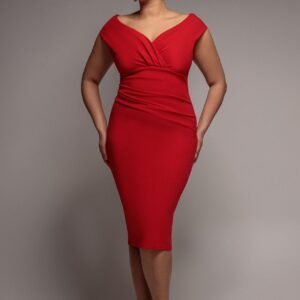 Goddiva Plus Scuba Bardot Pleated Midi Dress - Red