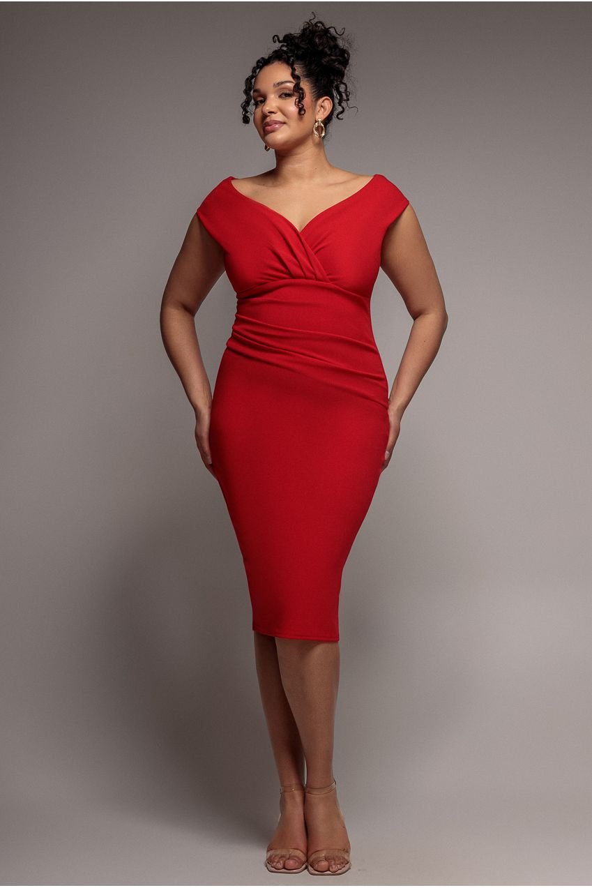 Goddiva Plus Scuba Bardot Pleated Midi Dress – Red