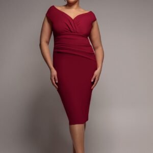 Goddiva Plus Scuba Bardot Pleated Midi Dress - Wine