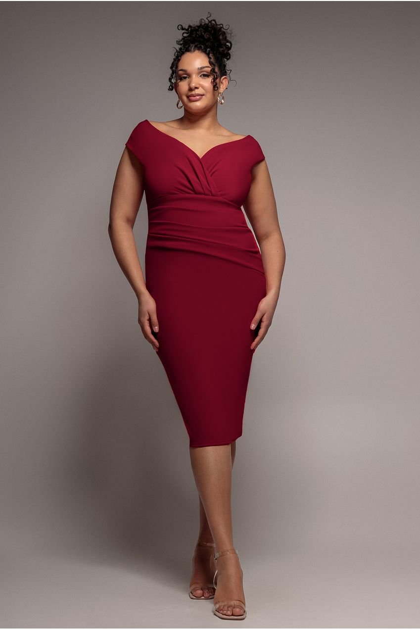 Goddiva Plus Scuba Bardot Pleated Midi Dress – Wine