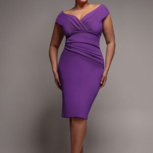 Goddiva Plus Scuba Bardot Pleated Midi Dress - Purple