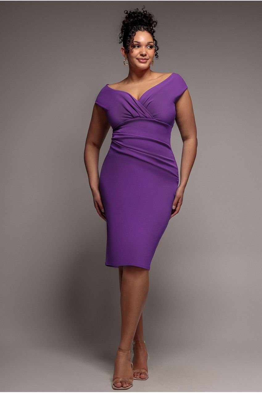 Goddiva Plus Scuba Bardot Pleated Midi Dress – Purple