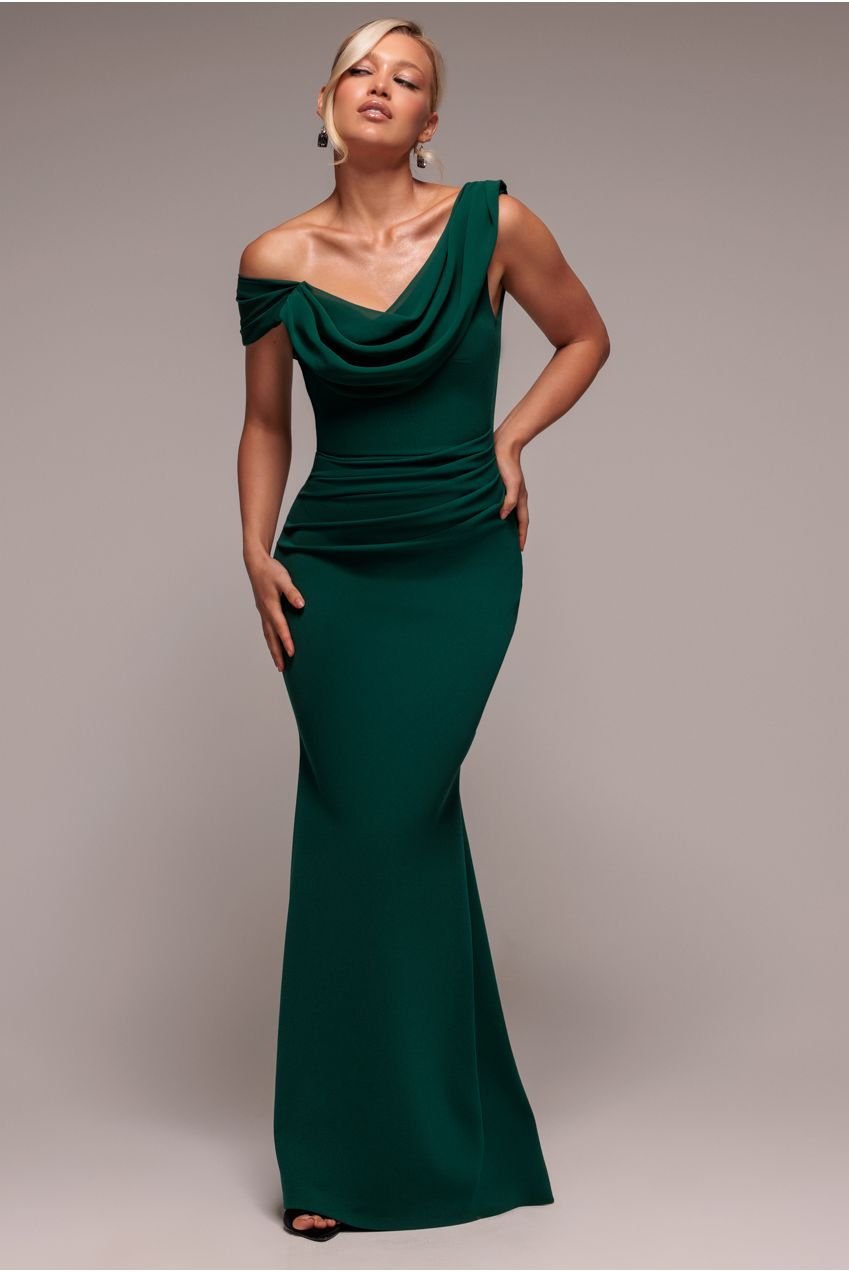 Goddiva Asymmetric Chiffon Cowl Neck Scuba Maxi Dress – Emerald Green