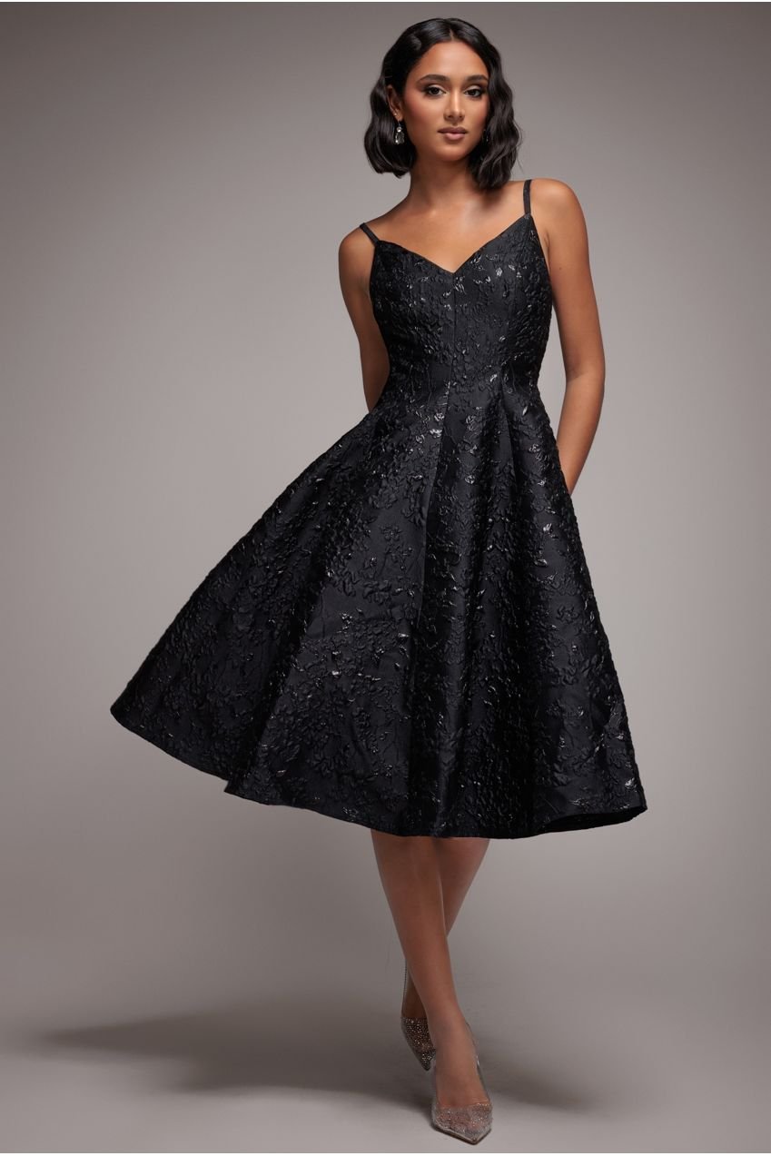 Goddiva Jacquard Sleeveless A-line Midi Dress – Black