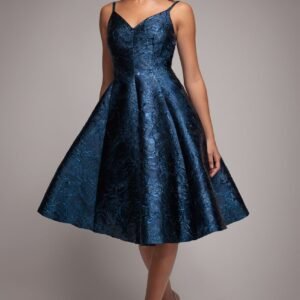 Goddiva Jacquard Sleeveless A-line Midi Dress - Navy Blue