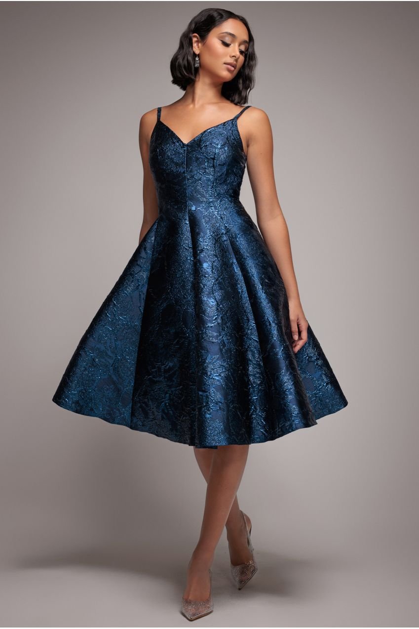 Goddiva Jacquard Sleeveless A-line Midi Dress – Navy Blue