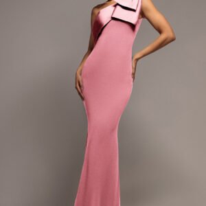 Goddiva One Shoulder Satin Bow Scuba Crepe Maxi Dress - Blush