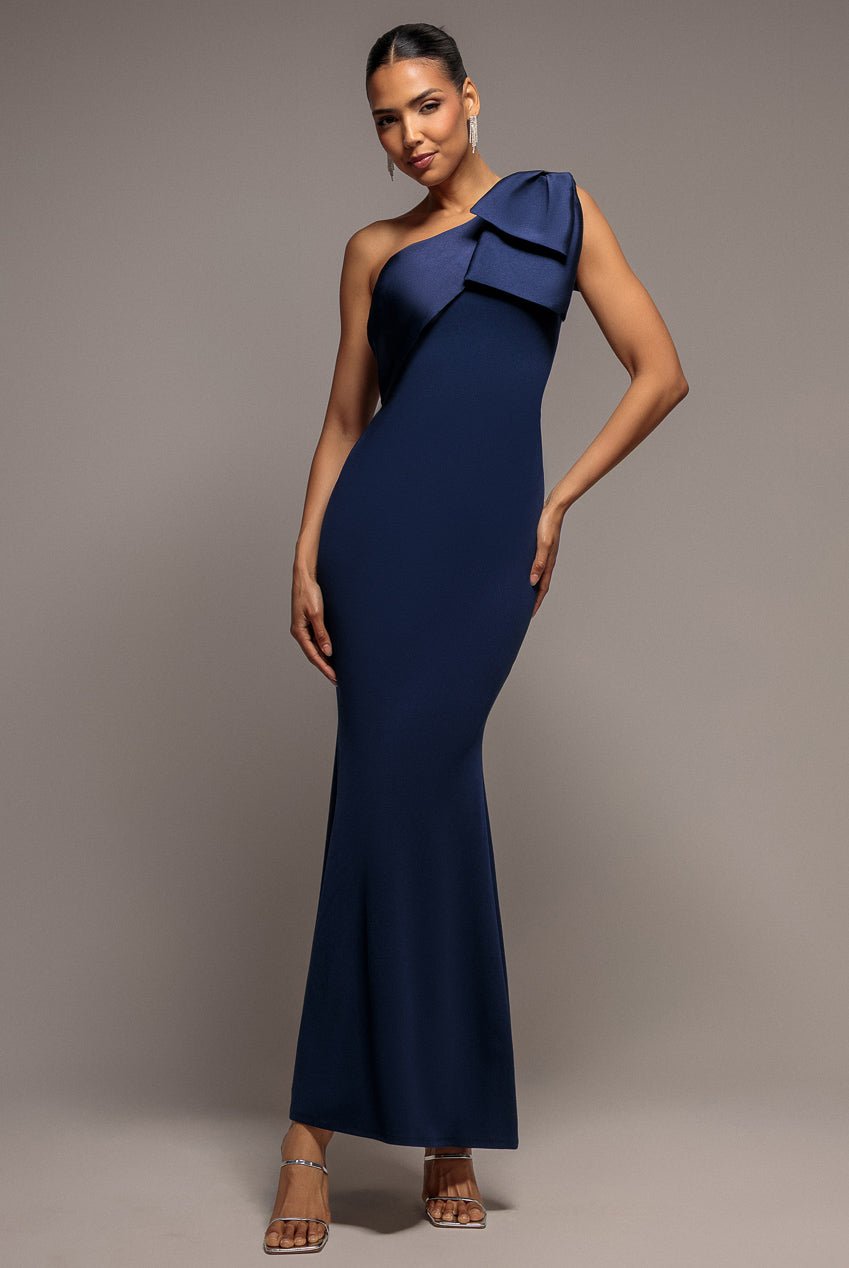 Goddiva One Shoulder Satin Bow Scuba Crepe Maxi Dress – Navy