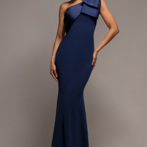 Goddiva One Shoulder Satin Bow Scuba Crepe Maxi Dress - Navy