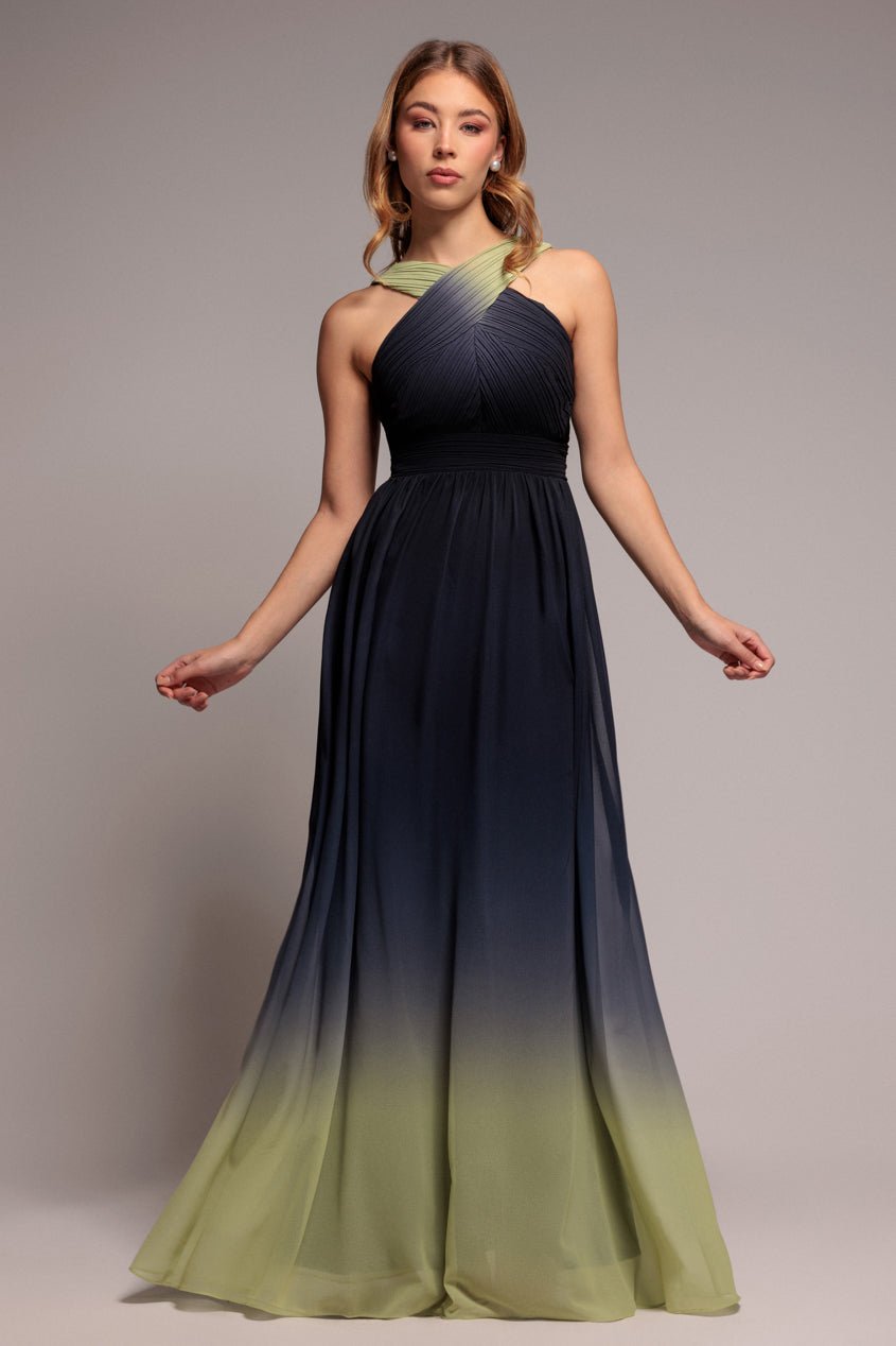 Goddiva Ombre Cross Front Pleated Maxi Dress – Lime Ombre