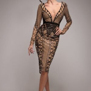 Goddiva Geometric Sequin Plunge Midi - Black
