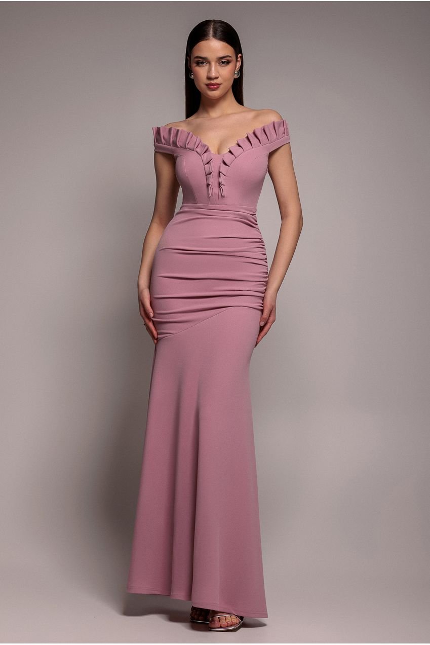 Goddiva Off The Shoulder Frill Gathered Maxi Dress – Rose Pink