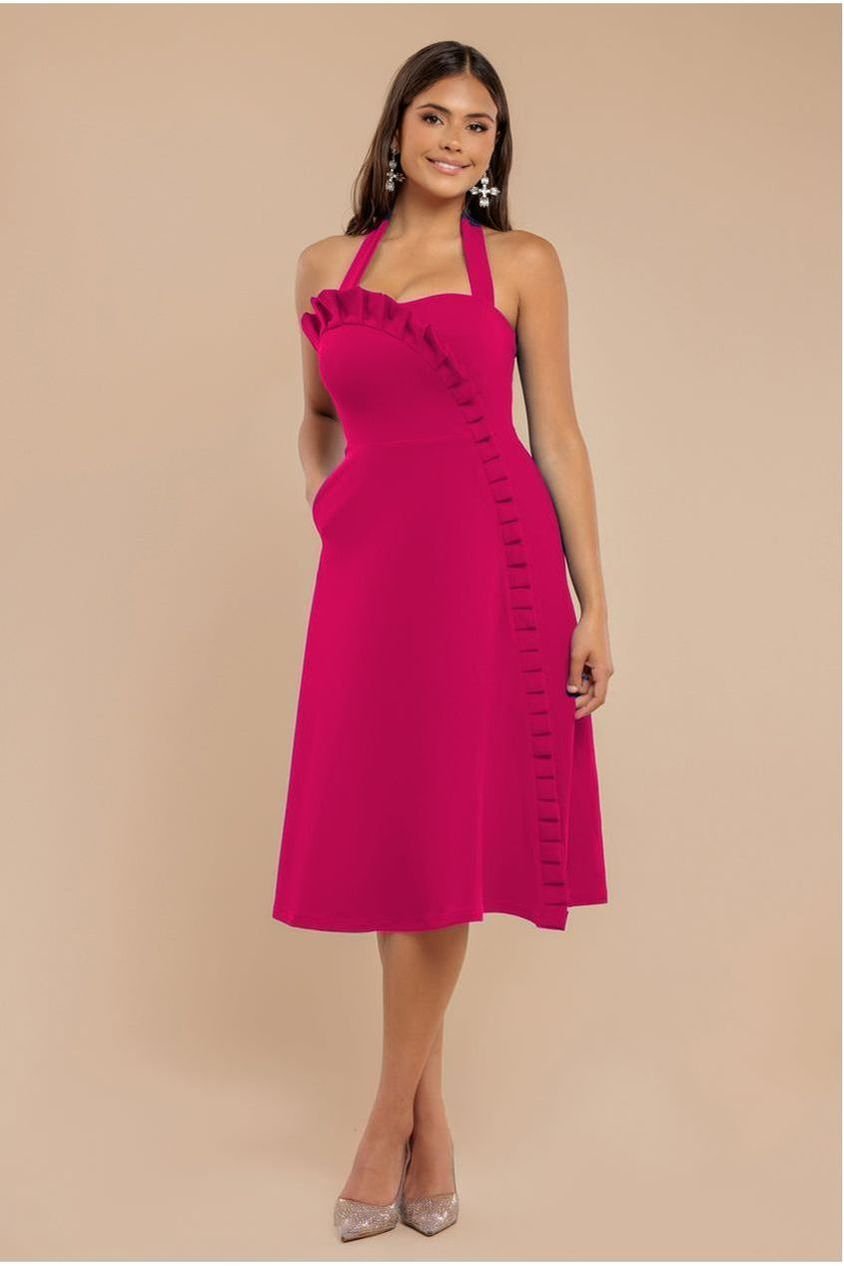 Goddiva Frilled Halter Neck Strap Midi Dress – Magenta