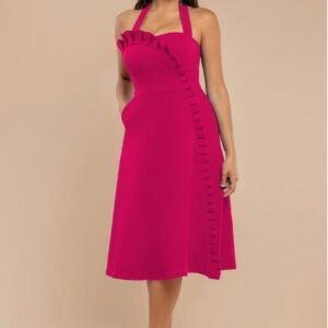 Goddiva Frilled Halter Neck Strap Midi Dress - Magenta