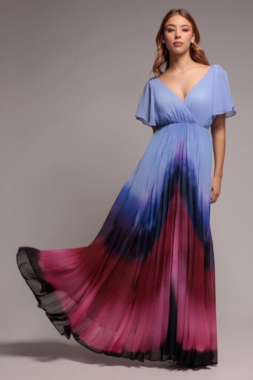 Goddiva Wavy Ombre A-Line Chiffon Maxi Dress – Blue