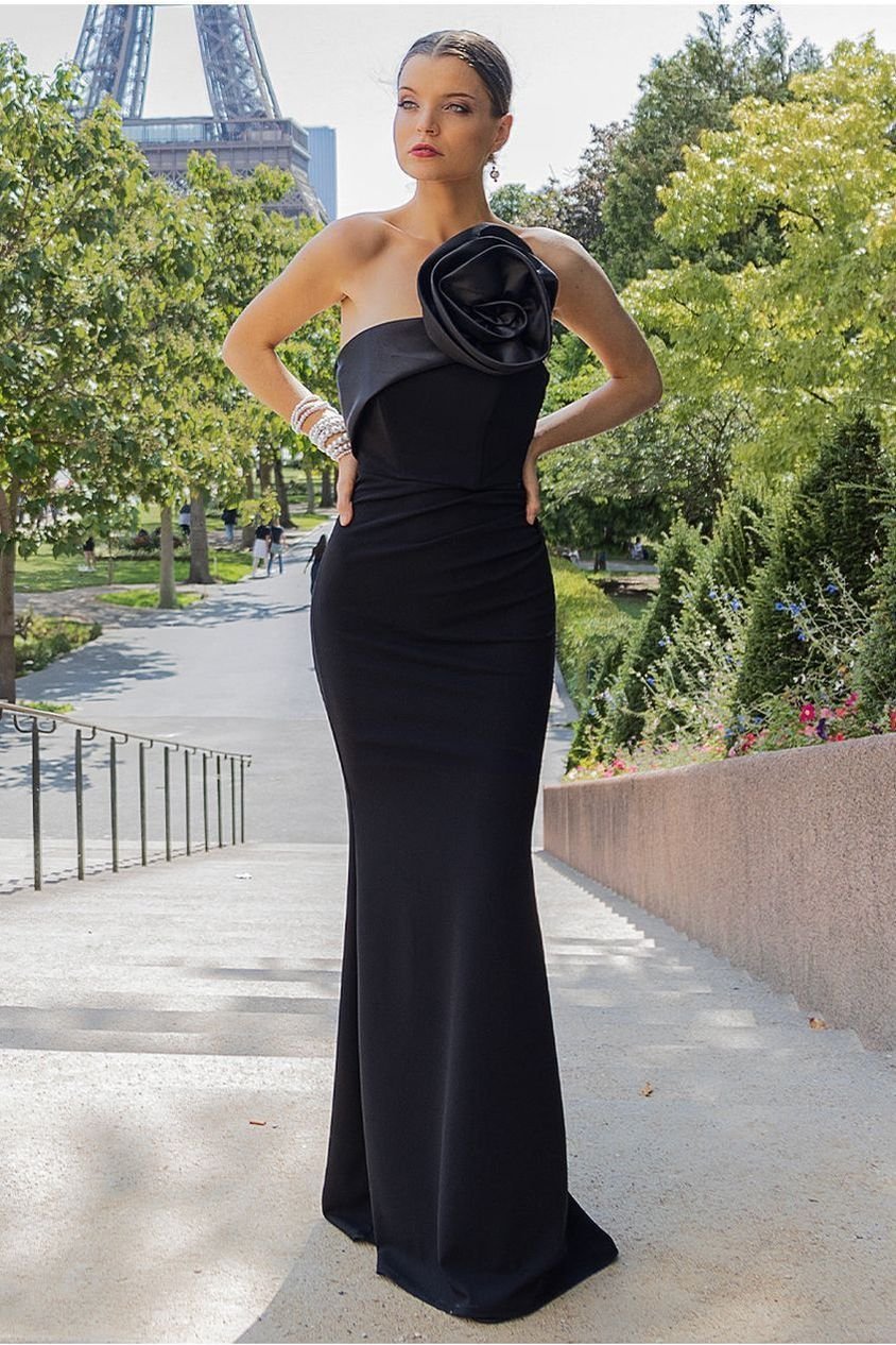 Goddiva Satin Corsage Scuba Crepe Maxi Dress – Black