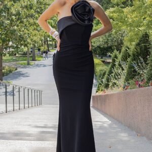 Goddiva Satin Corsage Scuba Crepe Maxi Dress - Black