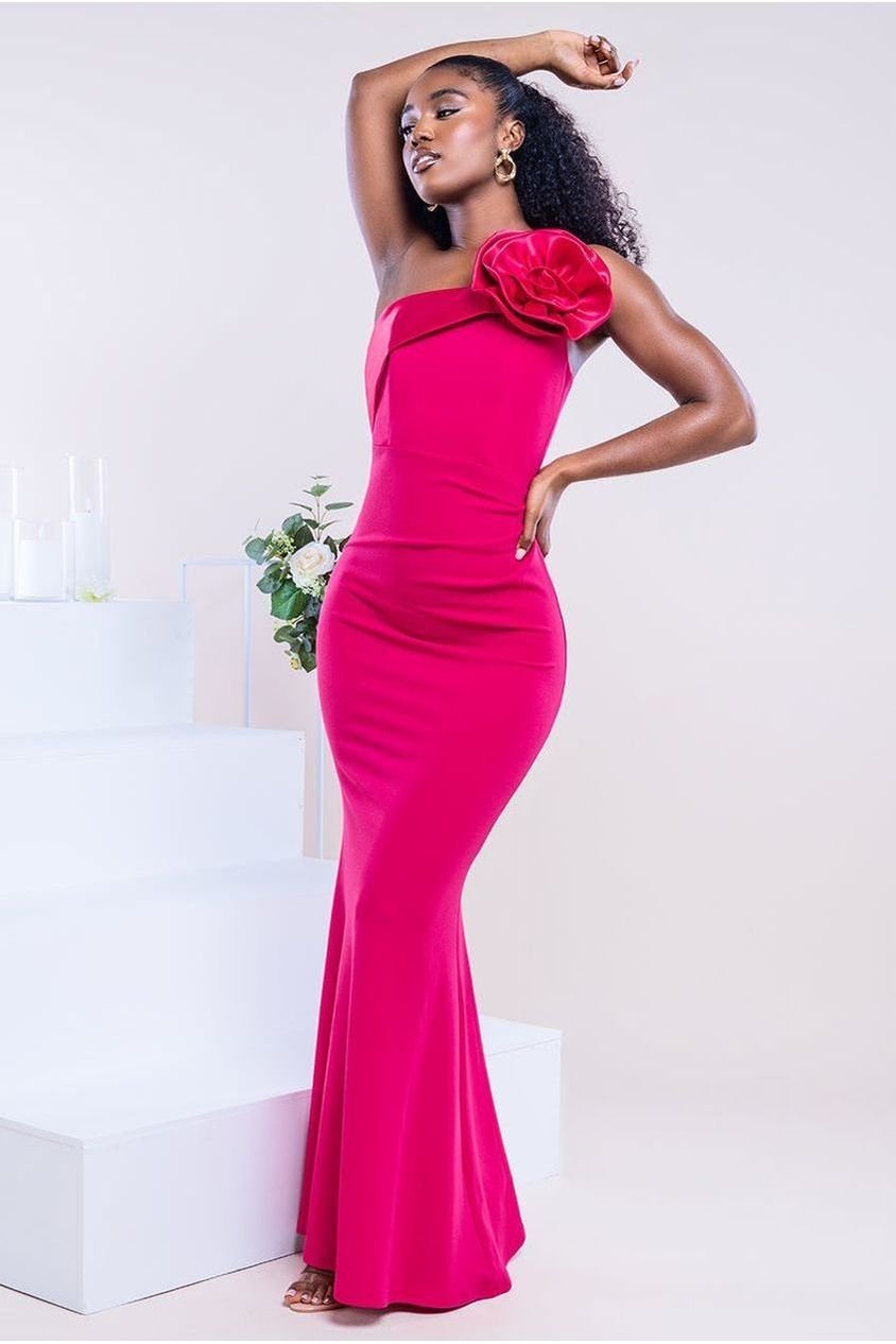Goddiva Satin Corsage Scuba Crepe Maxi Dress – Magenta